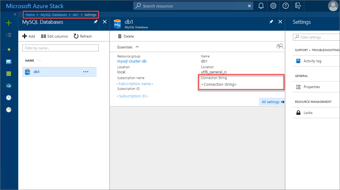 Visualización de la cadena de conexión en el portal de usuarios de Azure Stack Hub