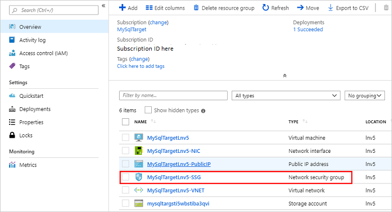 Selección del grupo de seguridad de red en el portal de administración de Azure Stack Hub