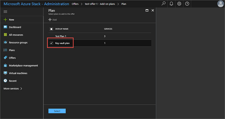 Selección del plan complementario que desea agregar en el portal de administración de Azure Stack