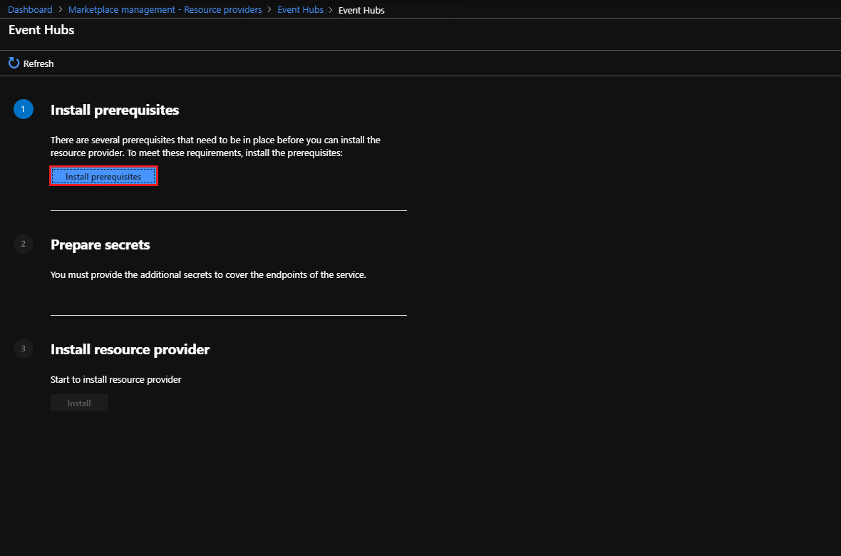 Event Hubs en administración de Marketplace: instalar los requisitos previos