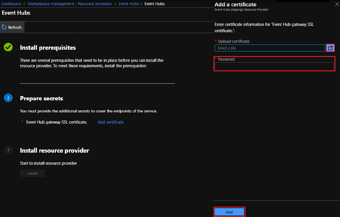 Event Hubs en administración de Marketplace: agregar certificado