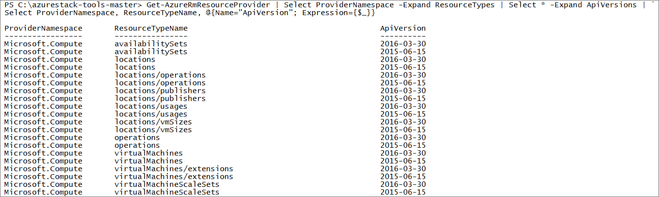 Resultado de ejemplo del comando Get-AzResourceProvider