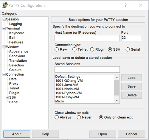 Panel de configuración de PuTTY