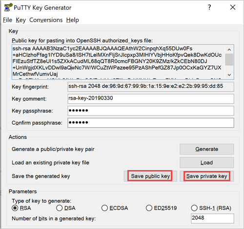 PuTTY Key Generator con un cuadro de claves rellenado