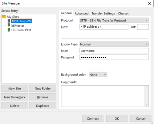 Panel Gestor de sitios de FileZilla