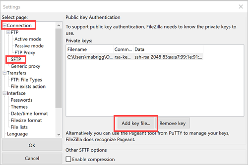 Panel de configuración de FileZilla