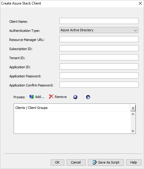 El cuadro de diálogo Create Azure Stack Client (Crear cliente de Azure Stack) incluye cuadros de lista y de texto para especificar las características del cliente.