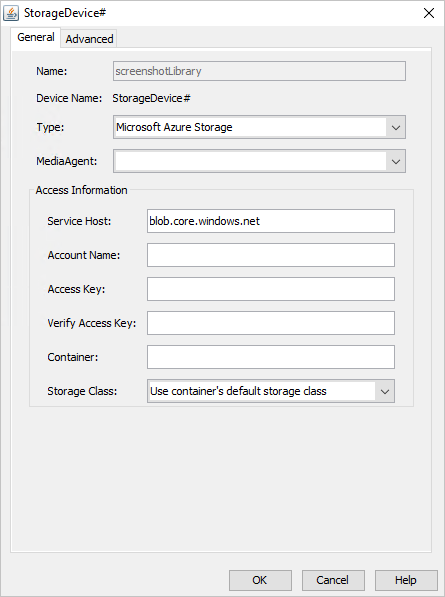 En el cuadro de diálogo StorageDevice#, se muestra la ficha General, con varios cuadros de lista y de texto para especificar el dispositivo de almacenamiento que se va a crear.