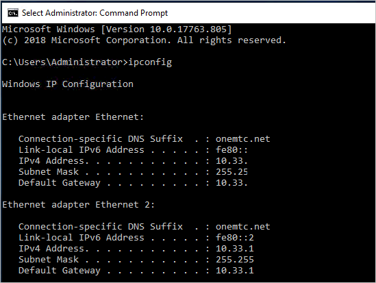 La salida parcial del comando ipconfig muestra dos adaptadores Ethernet en la misma subred; las direcciones IP son 10.33.131.15 y 10.33.131.16.