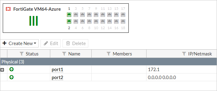 La lista de interfaces muestra dos interfaces: port1, que se ha configurado y port2, que no lo ha sido. Hay botones para crear, editar y eliminar interfaces.