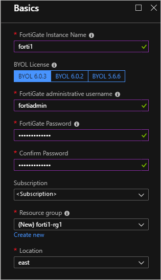 Los cuadros de texto (como Nombre de instancia y Licencia BYOL) del cuadro de diálogo de datos básicos aparecen rellenados con valores de la tabla de implementación.