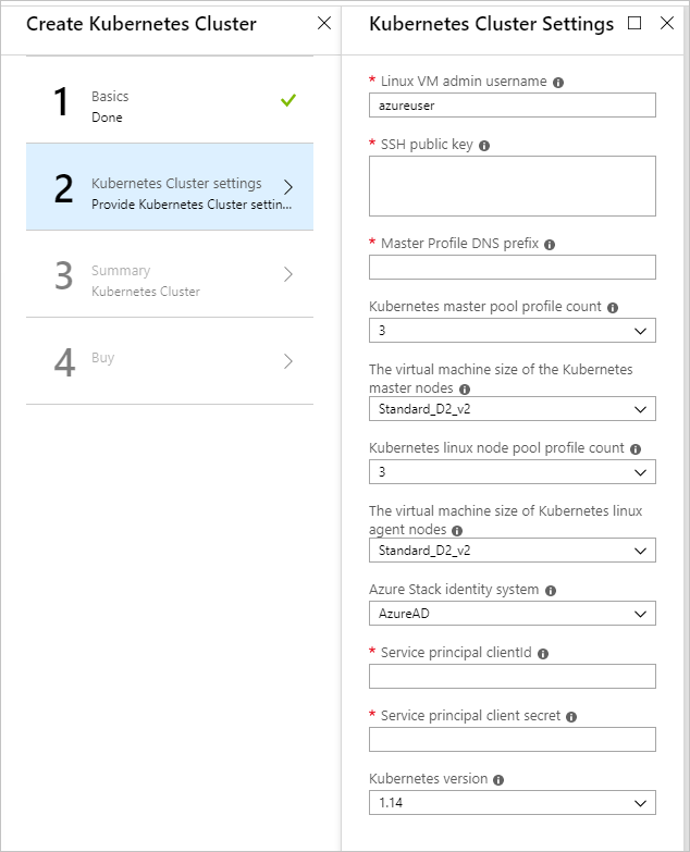 Captura de pantalla que muestra dónde proporcionar información acerca de la configuración del clúster de Kubernetes.