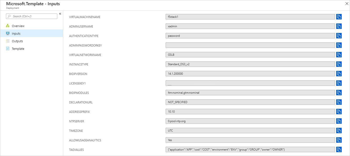 La página de entradas del cuadro de diálogo Microsoft.Template muestra 15 cuadros de texto (como VIRTUALMACHINENAME y ADMINUSERNAME) que contienen valores para una implementación de ejemplo.