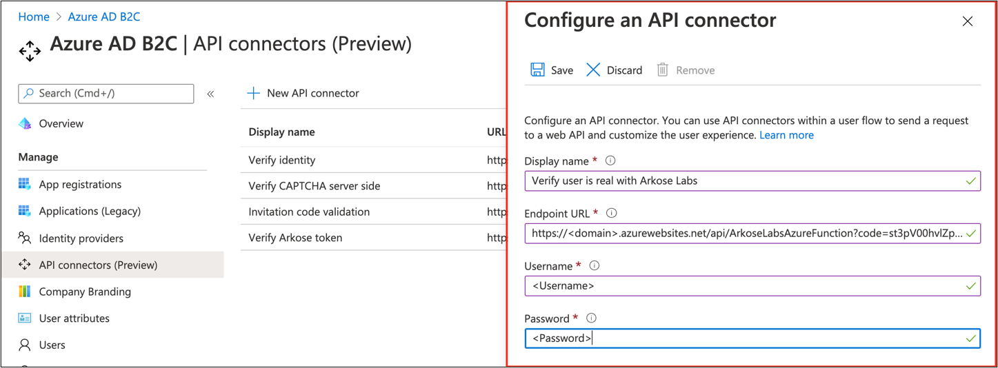 Captura de pantalla del nombre para mostrar, la dirección URL del punto de conexión, el nombre de usuario y la contraseña en Configuración de un conector de API.