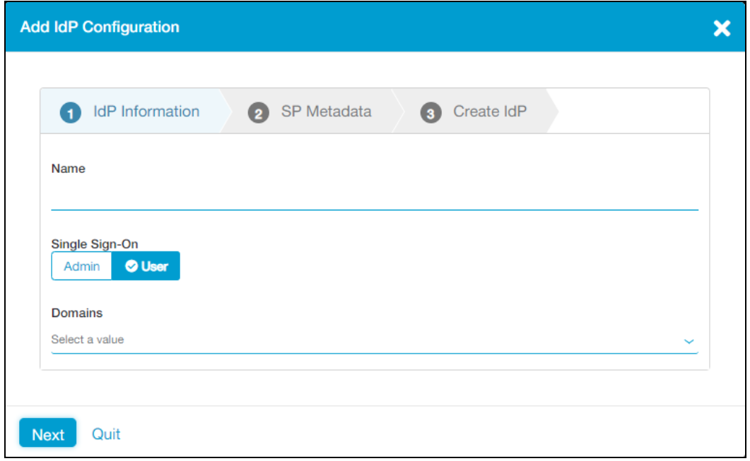 Captura de pantalla de la pestaña IdP Information (Información del IdP), en el panel Add IdP Configuration (Agregar configuración del IdP).