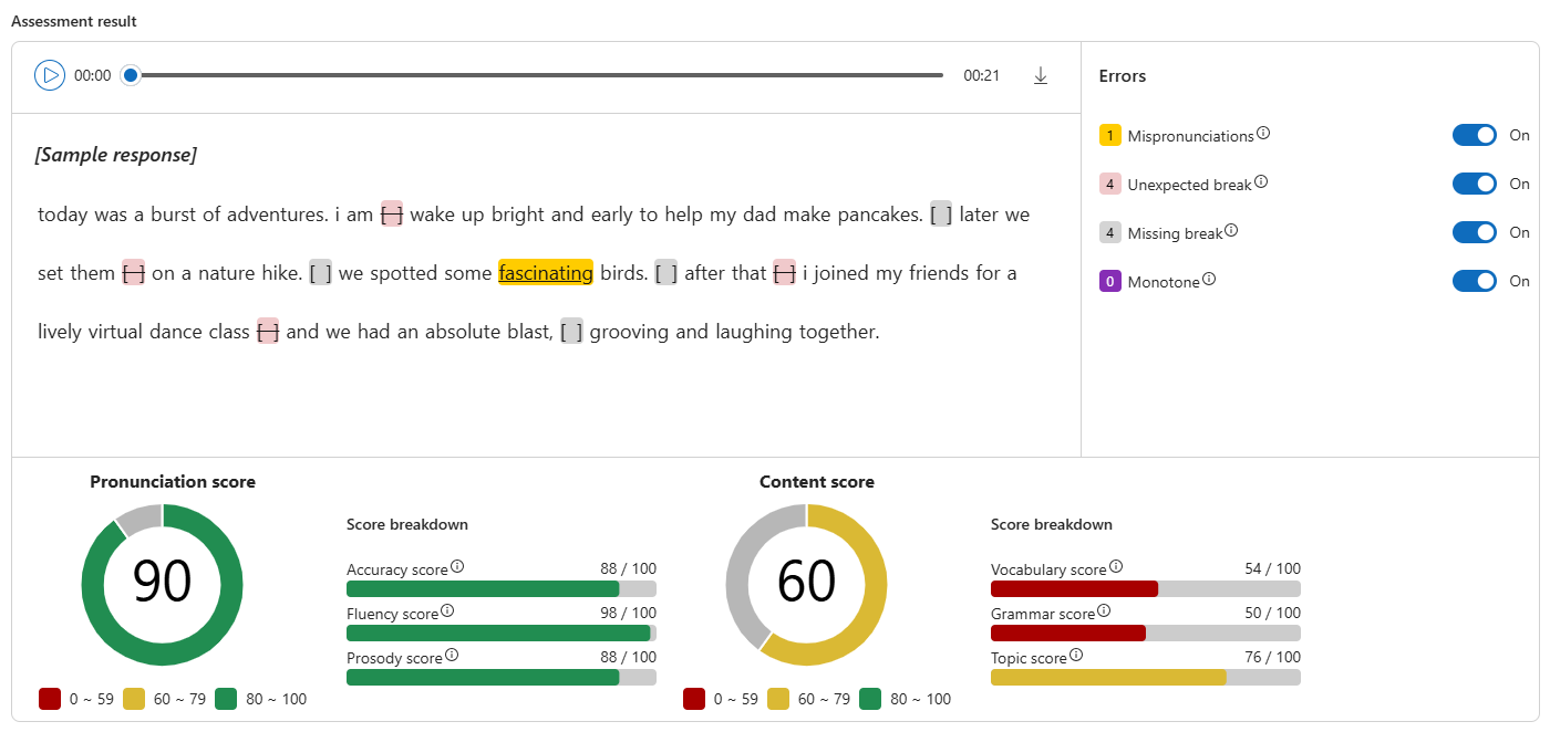 Captura de pantalla de la visualización del resultado de la evaluación en la ventana de visualización, que incluye transcripción y comentarios sobre la voz.