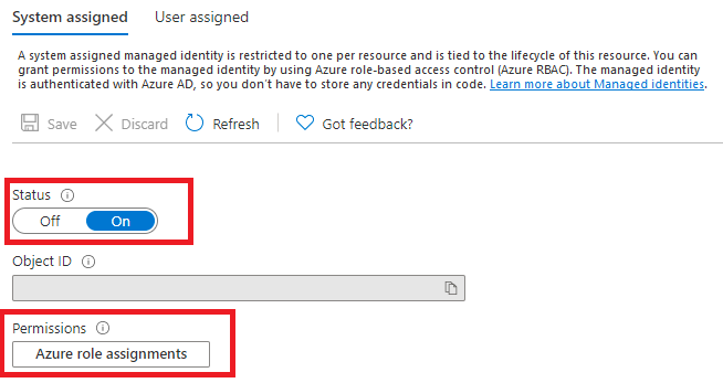 Captura de pantalla: Habilitación de una identidad administrada asignada por el sistema en Azure Portal.