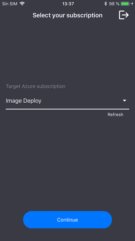 La pantalla de la aplicación que muestra un campo desplegable para la suscripción de Azure de destino