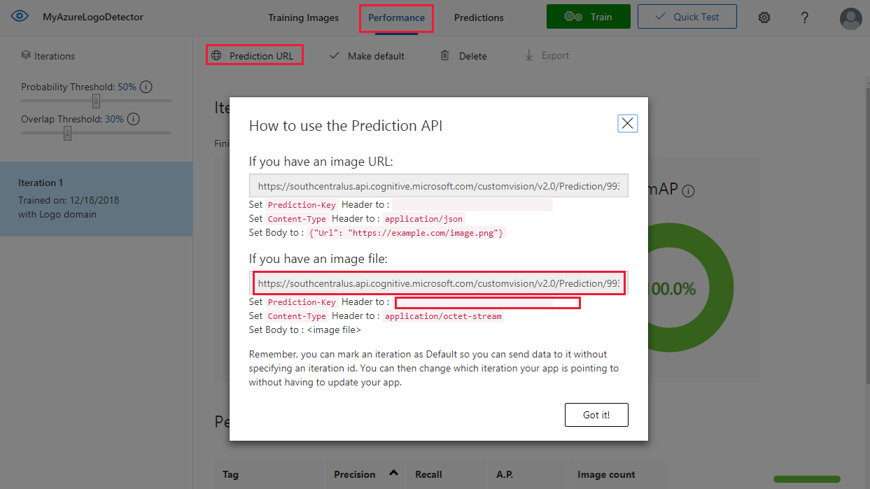 El sitio Web de Custom Vision con una ventana de Prediction API, que muestra una dirección URL y la clave de API