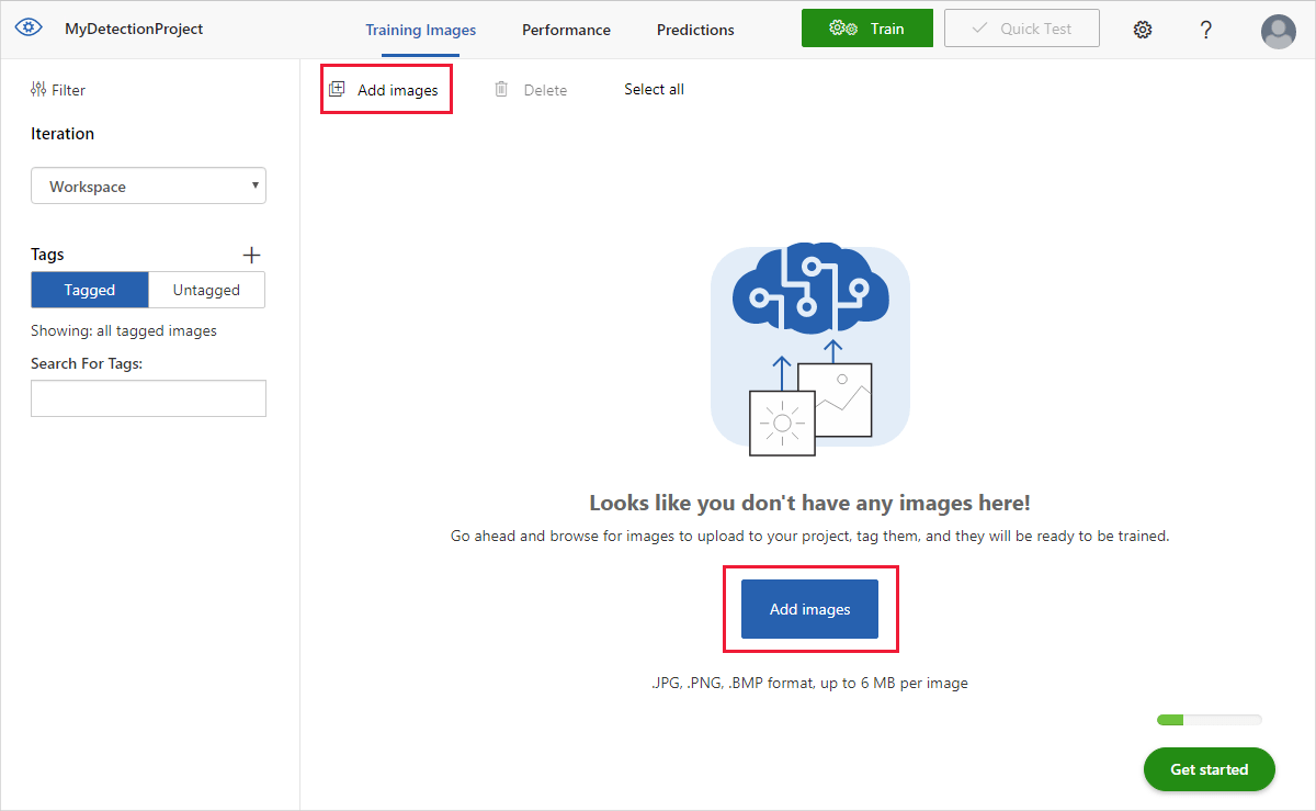 El control para agregar imágenes se muestra en la parte superior izquierda y como un botón en la parte inferior central.