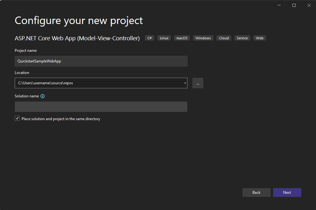 Recorte de pantalla de Visual Studio para configurar el proyecto.