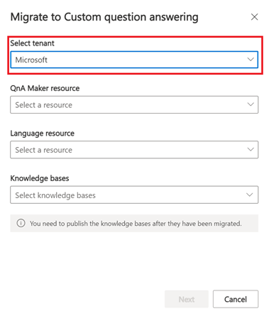 Migración de QnA Maker con el cuadro de selección rojo alrededor de la opción de selección de inquilino