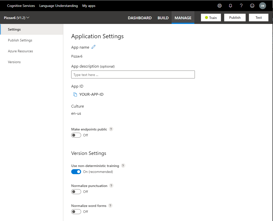 Captura de pantalla del portal de LUIS, sección Administrar, página Configuración de la aplicación