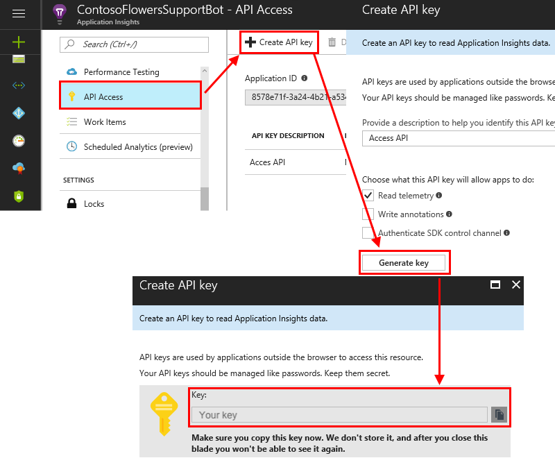 Captura de pantalla que muestra cómo obtener la clave de API en Azure Portal.