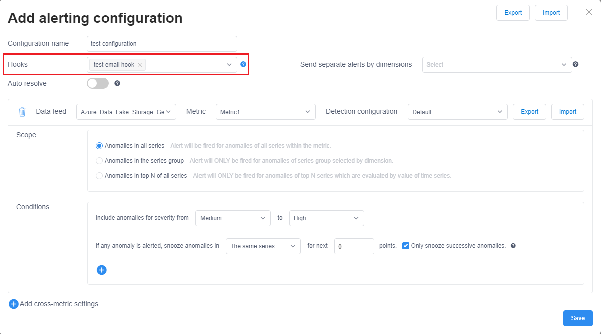 Captura de pantalla en la que se aplica un enlace de correo electrónico a una configuración de alerta