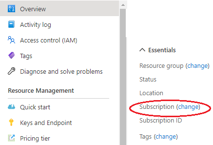 Captura de pantalla del vínculo de suscripción en la página Información general de Azure Portal.