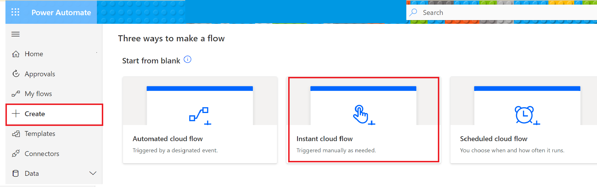 Captura de pantalla en la que se muestra cómo crear un flujo de nube instantáneo.