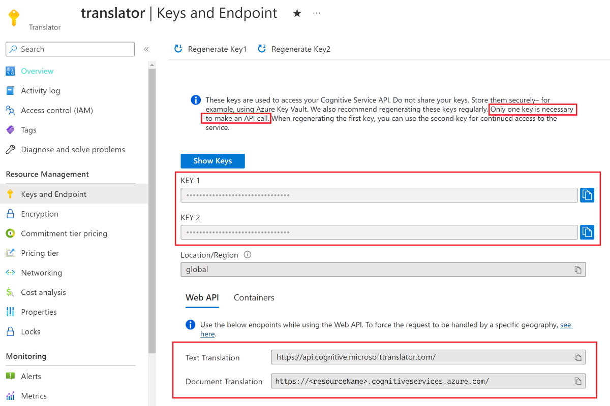 Captura de pantalla de Azure Portal que muestra la página Claves y punto de conexión de un recurso de Translator. Las claves y los puntos de conexión están resaltados.