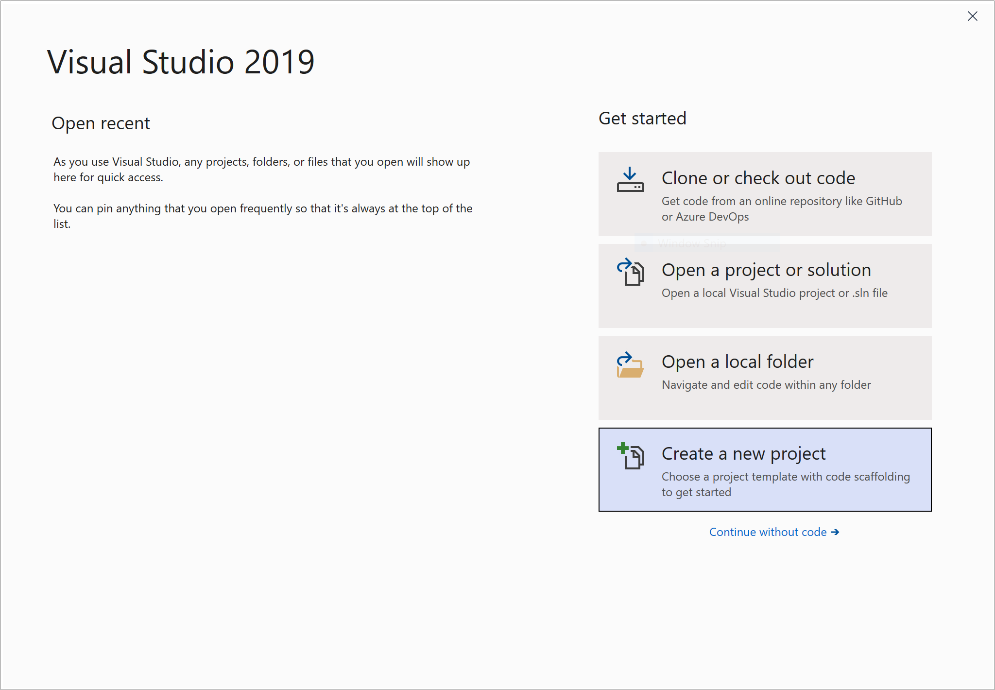 Screenshot: Visual Studio start window.