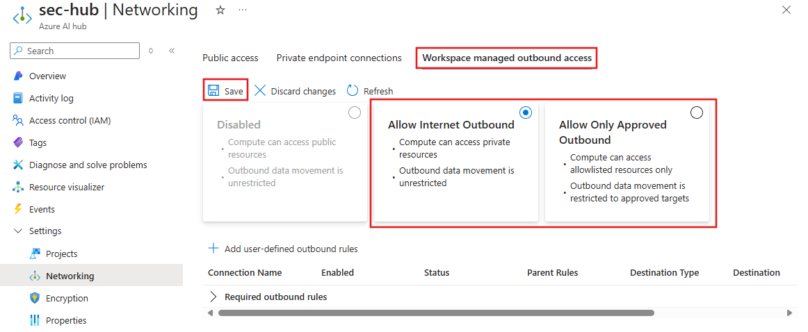 Captura de pantalla de la configuración del centro de Azure AI Foundry con permitir la salida de Internet seleccionada.