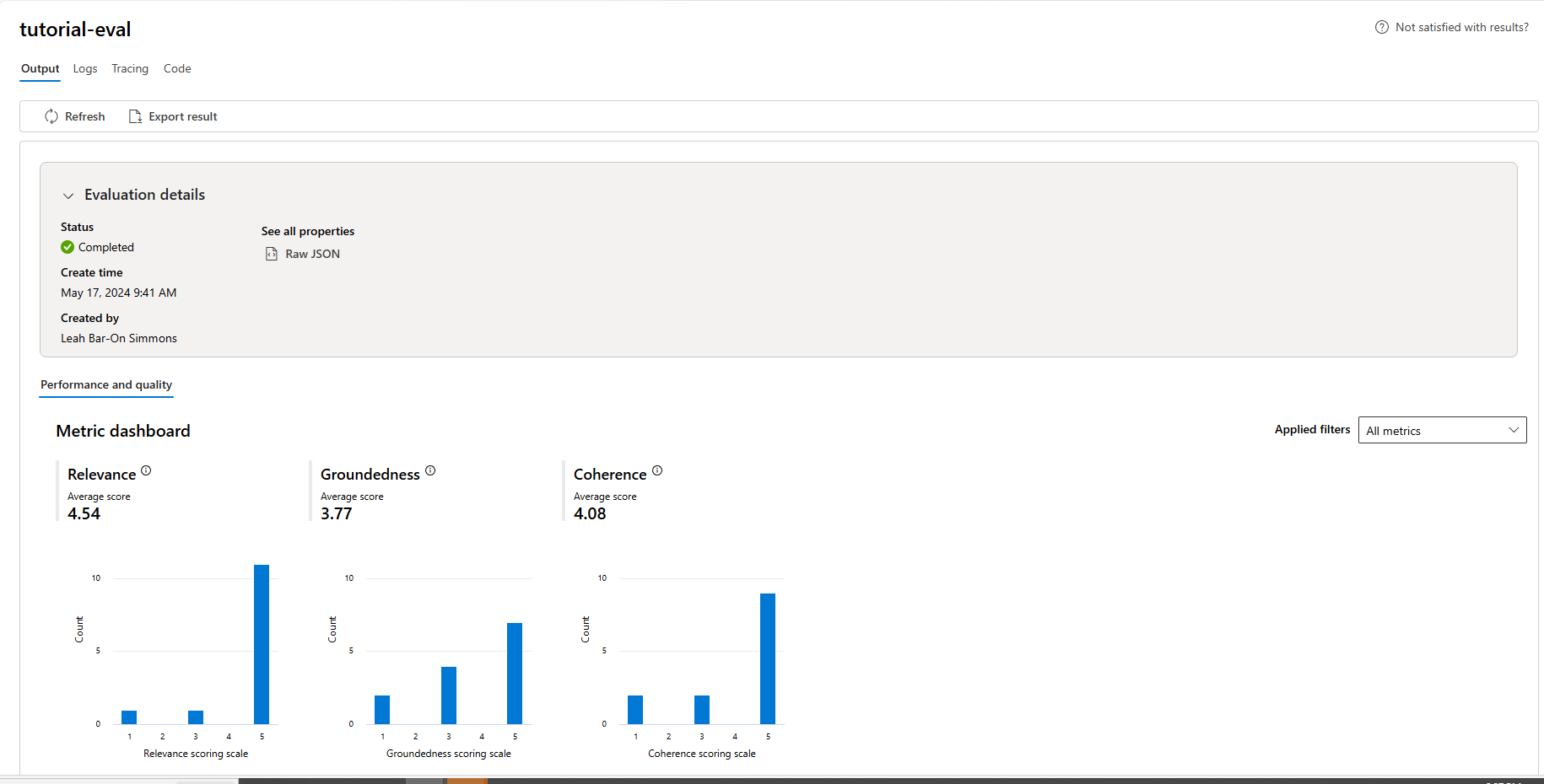 Recorte de pantalla que muestra información general sobre la evaluación en Inteligencia artificial de Azure Studio.