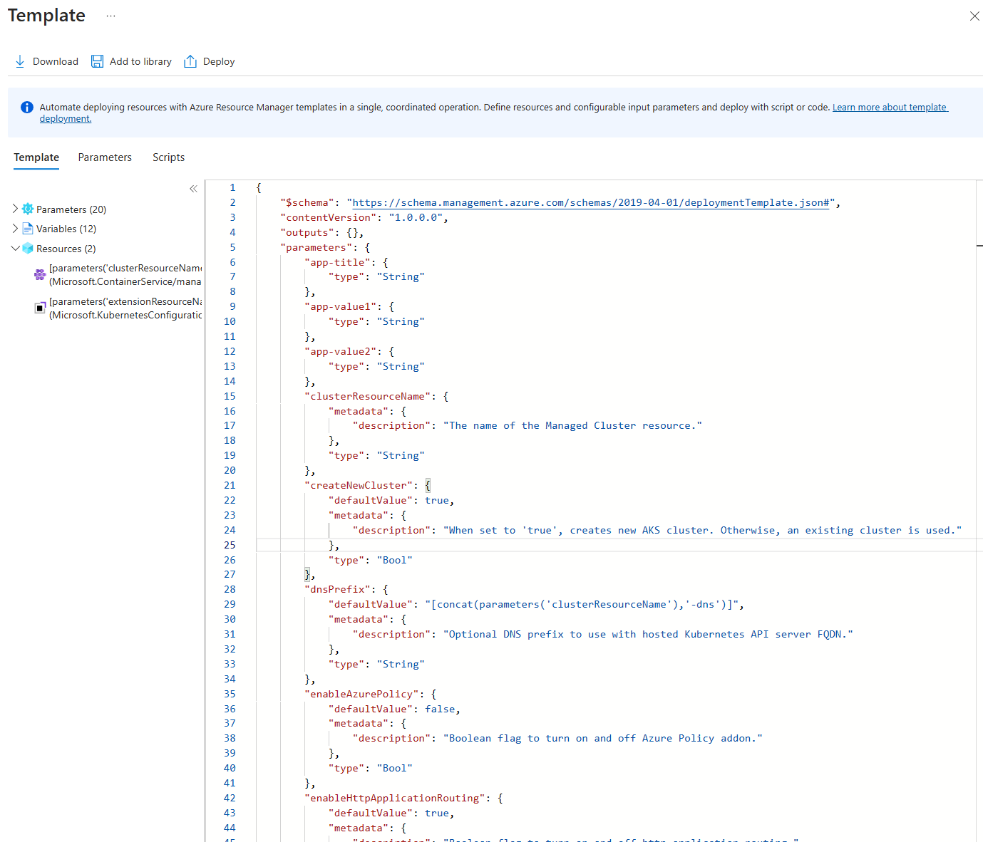 Captura de pantalla que muestra una plantilla de ARM para una aplicación de Kubernetes.