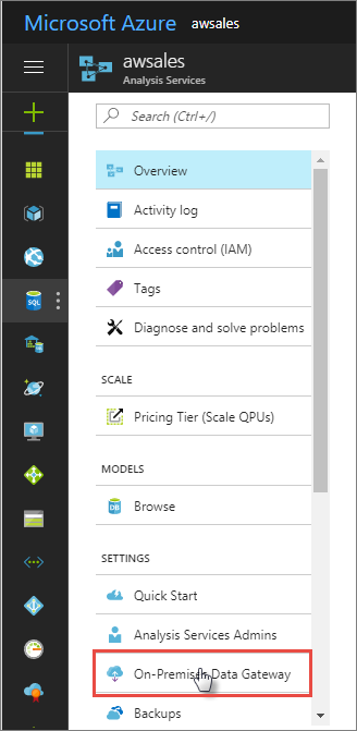 Captura de pantalla que muestra la puerta de enlace de datos local en Configuración.