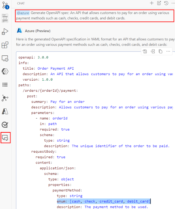 Captura de pantalla que muestra cómo usar la extensión @azure para generar una especificación de OpenAPI desde un símbolo del sistema.