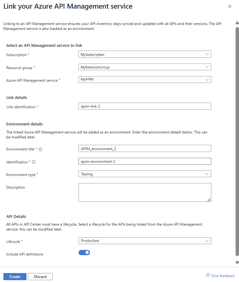 Captura de pantalla de la vinculación de un servicio Azure API Management en el portal.