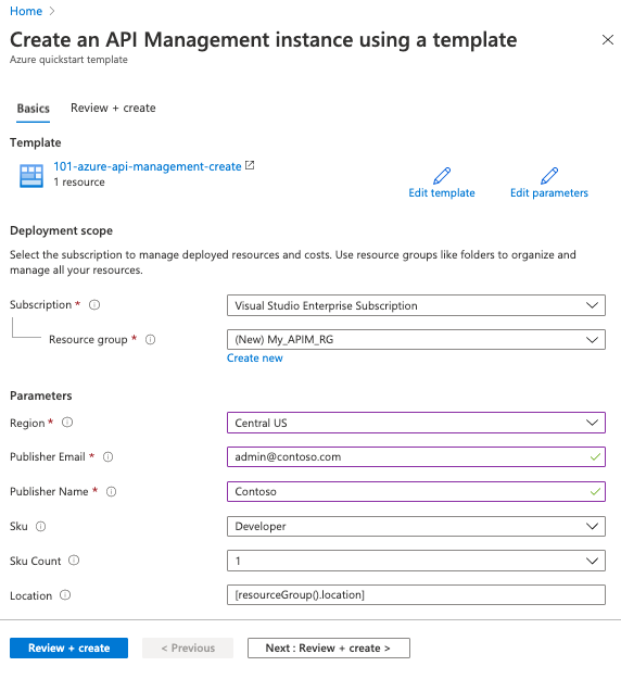 Propiedades de la plantilla de API Management