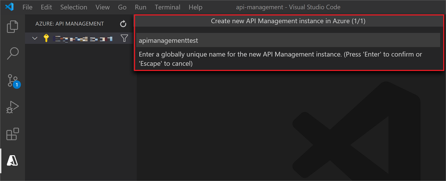 Asistente de creación de una instancia de API Management en VS Code