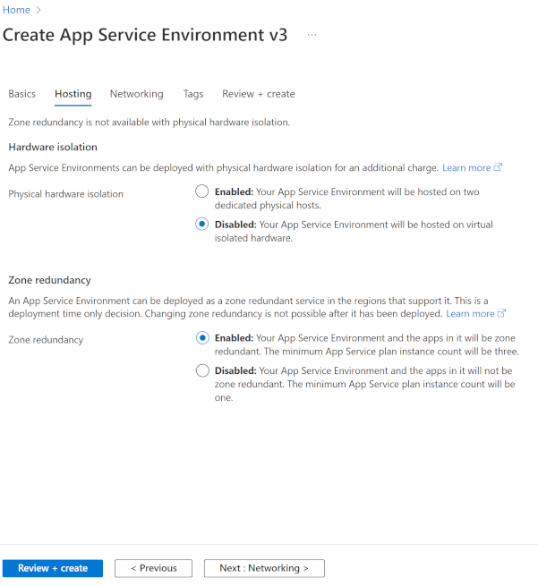 Captura de pantalla que muestra las secciones de hospedaje de App Service Environment.