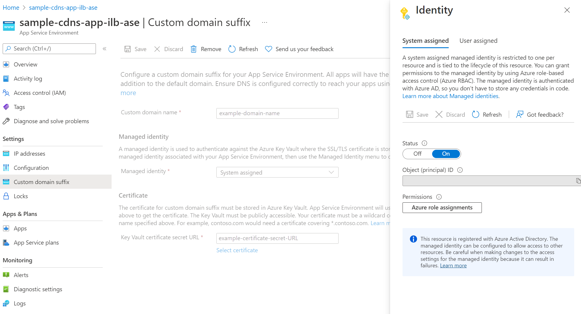 Captura de pantalla de un panel de configuración para seleccionar y actualizar la identidad administrada para App Service Environment.