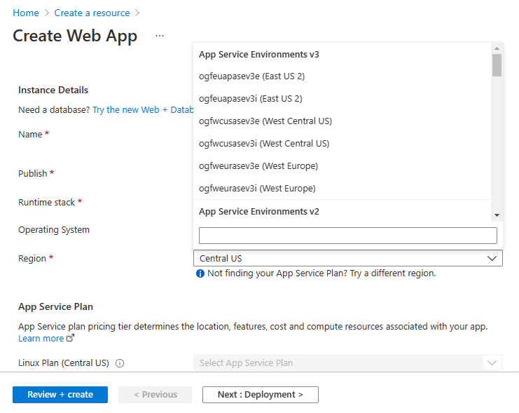 Captura de pantalla que muestra cómo crear una aplicación en un App Service Environment.