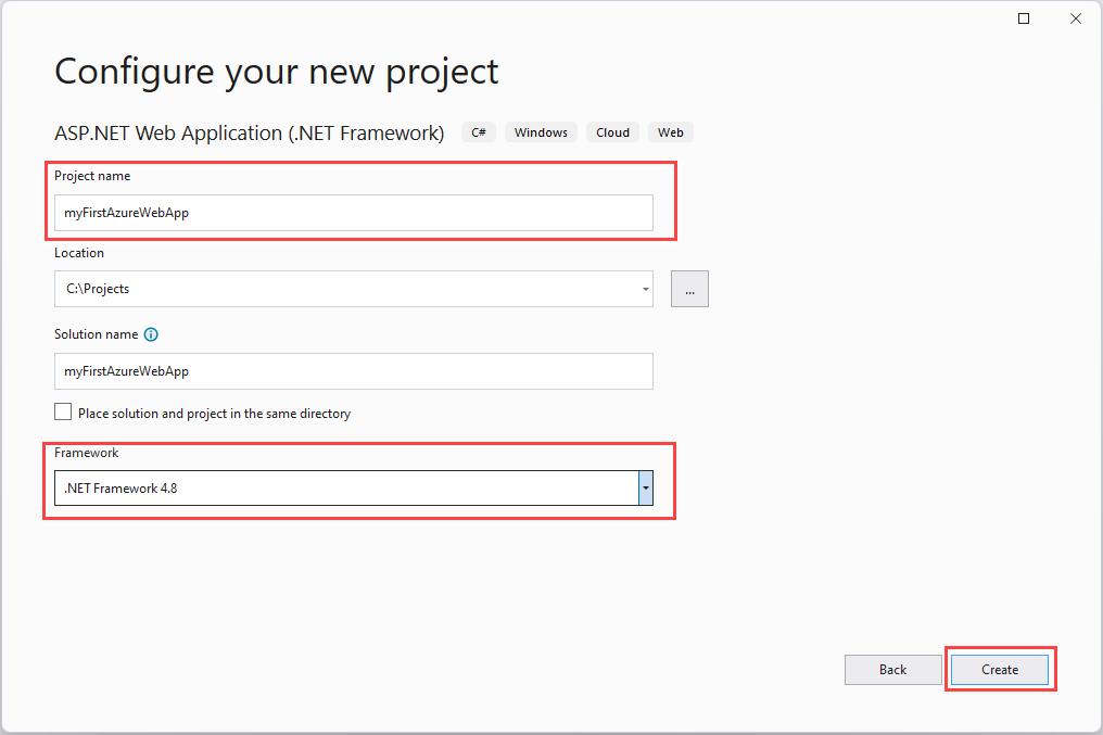 Captura de pantalla de Configuración del proyecto de aplicación web.