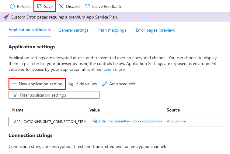 Captura de pantalla que muestra la página Configuración de una aplicación web con dos configuraciones de aplicación agregadas.