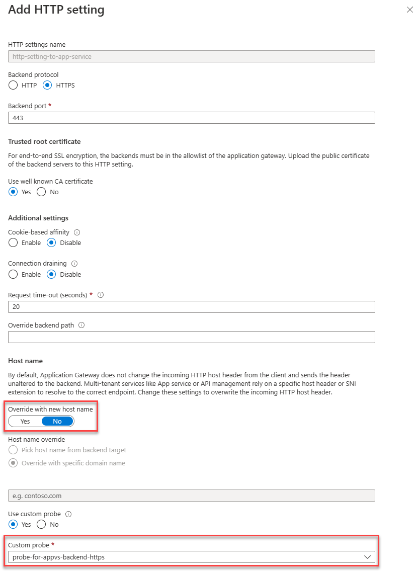 Configuración de los ajustes de H T T P para usar un dominio personalizado hacia el back-end de App Service mediante no invalidación.