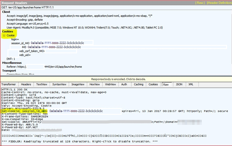 Captura de pantalla que muestra los encabezados de solicitud para HTTP, incluida la información de cookies.