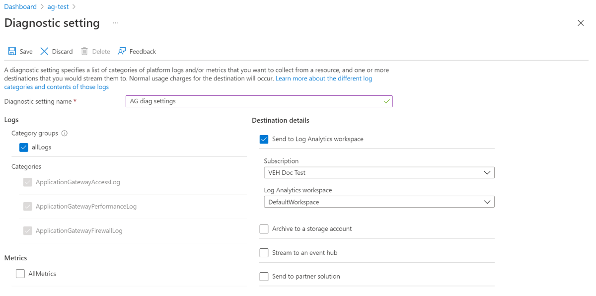 Captura de pantalla que muestra el panel Configuración de diagnóstico con la opción Configurar Log Analytics seleccionada.