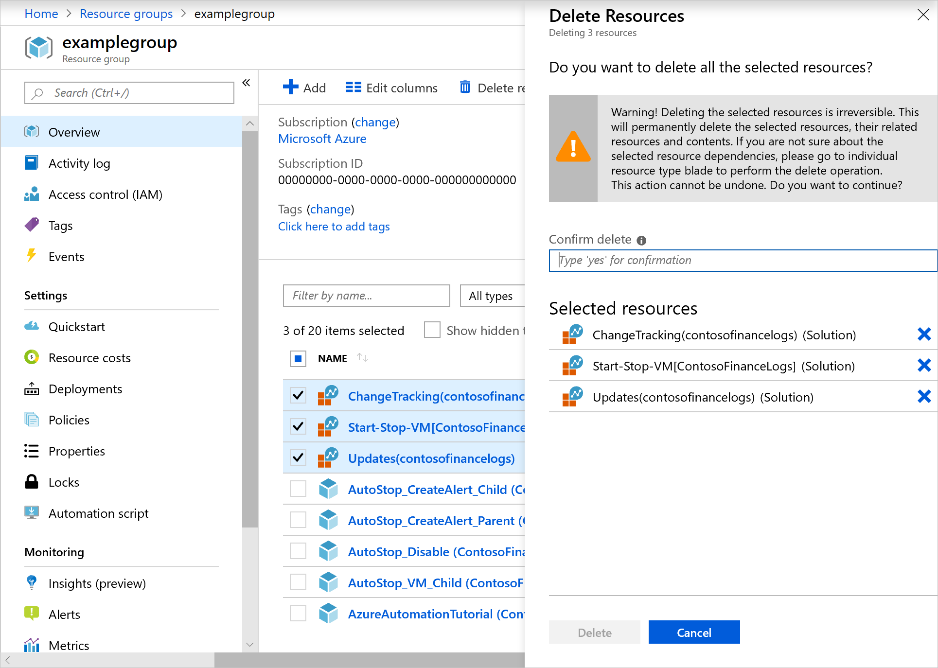 Captura de pantalla de la eliminación de recursos de características en Azure Portal